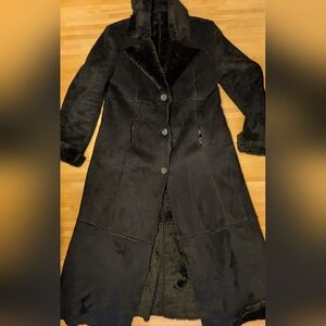 Black faux shearling maxi Trench coat fur XXL Y2K